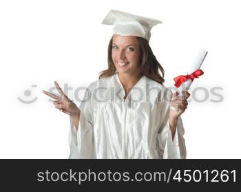 Young student with diploma on white