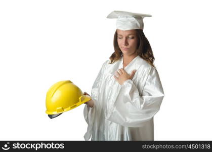 Young student with diploma on white