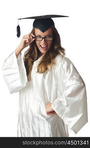 Young student with diploma on white