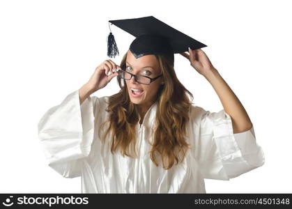 Young student with diploma on white