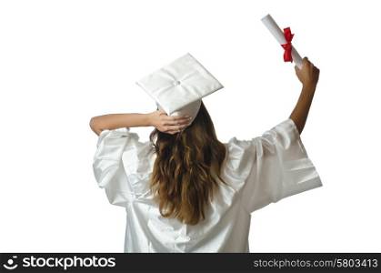 Young student with diploma on white