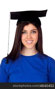 Young student with graduation cap isolated on white background