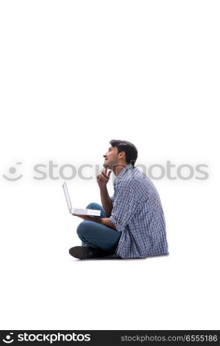 Young student with laptop isolated on white