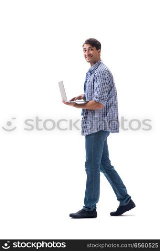 Young student with laptop isolated on white