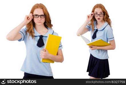 Young student with notebooks isolated on white. Schoolgirl isolated on the white