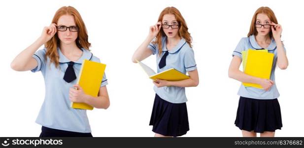 Young student with notebooks isolated on white. Schoolgirl isolated on the white