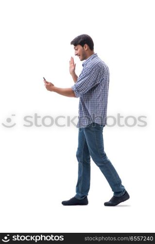 Young student with smartphone isolated on white