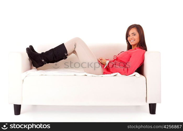 Young student woman posing over white background