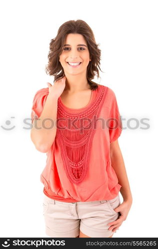 Young student woman posing over white background