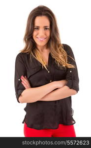 Young student woman posing over white background