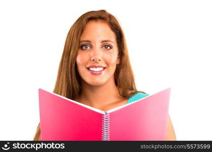 Young student woman posing over white background