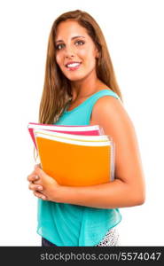 Young student woman posing over white background