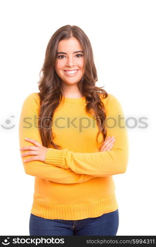 Young student woman posing over white background