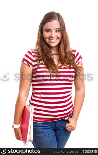 Young student woman posing over white background