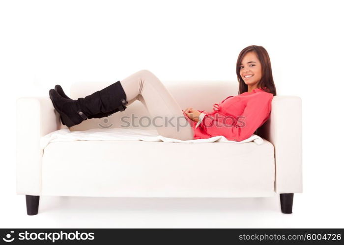 Young student woman posing over white background