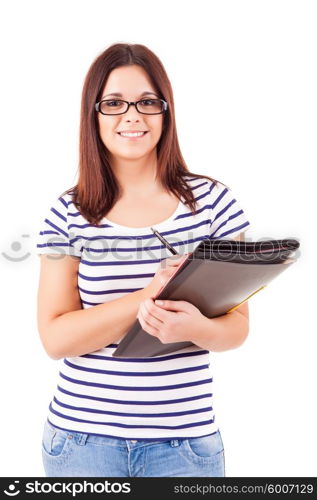 Young student woman posing over white background