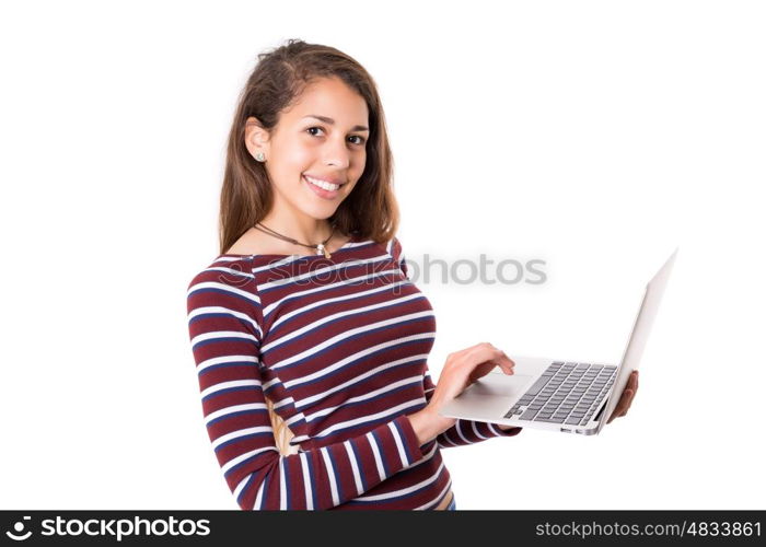 Young student working with her laptop, isolated over a white background