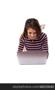 Young student working with her laptop, isolated over a white background