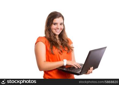 Young student working with her laptop, isolated over a white background