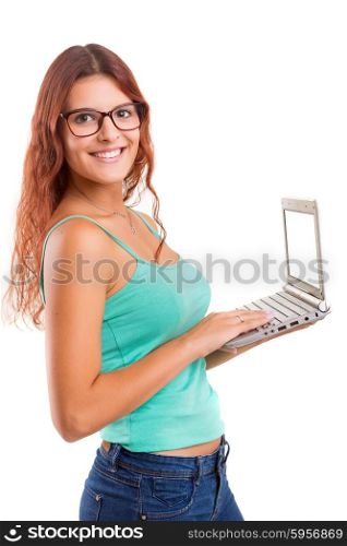 Young student working with her laptop, isolated over a white background