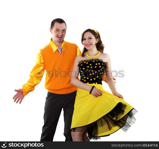 young stylish couple in bright colour wear dancing