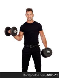 Young stylish lifting weights isolated on a white background