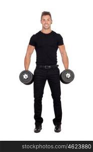Young stylish lifting weights isolated on white background