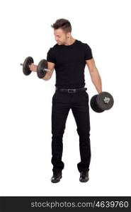 Young stylish lifting weights isolated on white background