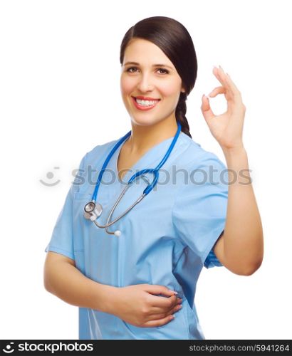 Young successful doctor shows ok gesture isolated
