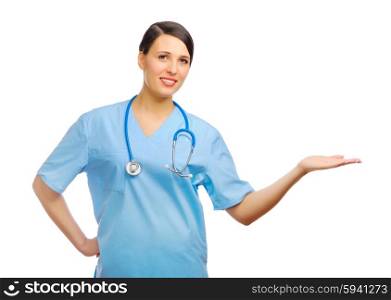 Young successful doctor shows welcome gesture isolated