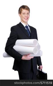 Young successful employee man holding the black briefcase and paper draft.