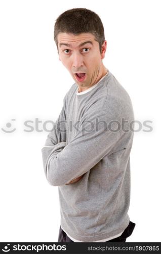 young surprised casual man portrait, isolated on white