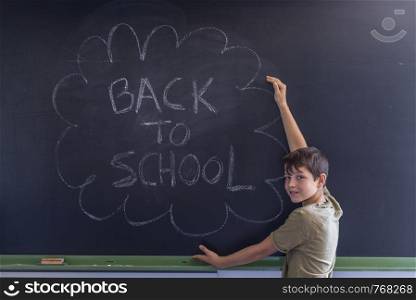 "Young teen and blackboard with " back to school " written . Education concept"