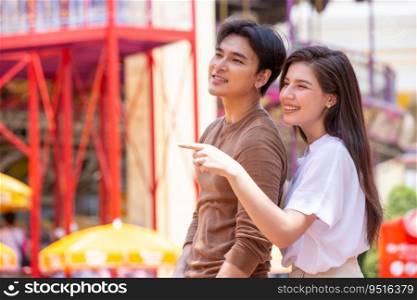Young Teen Asian Couple, people in casual relax holiday happy enjoy travel together outdoor.
