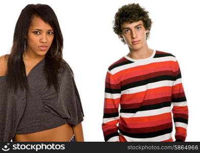 young teen couple portrait, isolated on white