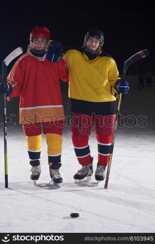 young teen girls ice hockey sport players portrait