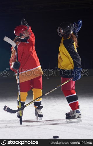 young teen girls ice hockey sport players portrait