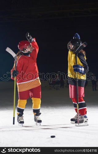 young teen girls ice hockey sport players portrait