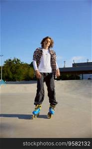 Young teen in rollerblades making stunt on cement ramp in skate park. Urban extreme sport recreation for teens. Young teen in rollerblades making stunt on cement ramp in skate park