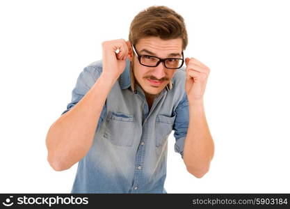 young teen man hiding, isolated on white