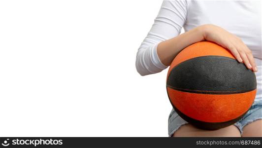 young teenager with a basketball on the white background