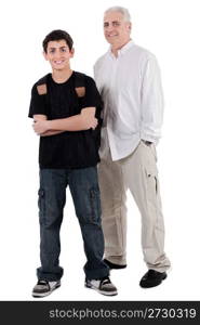 young teenager with his grandfather,full length on white background