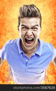 Young terrified man crying in fire. Concept for judgment day.