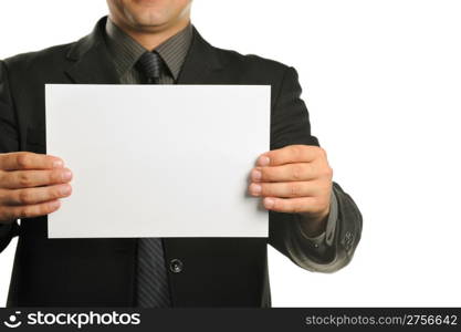 Young the man holds blank signs. It is isolated on a white background