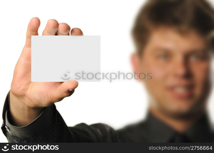 Young the man holds blank signs. It is isolated on a white background