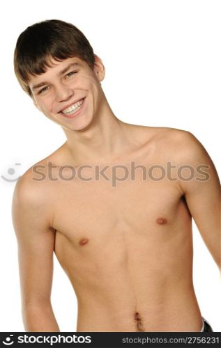 Young the man.Topless . It is isolated on a white background