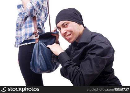 Young thief stealing woman&rsquo;s bag