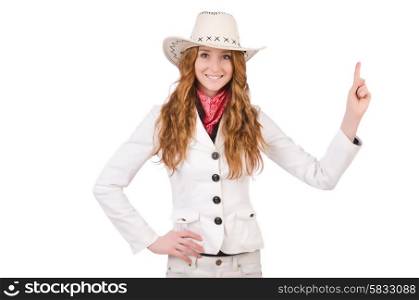 Young thinking cowgirl isolated on white