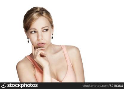 young thinking woman looking to side. young beautiful thinking woman looking to side on white background