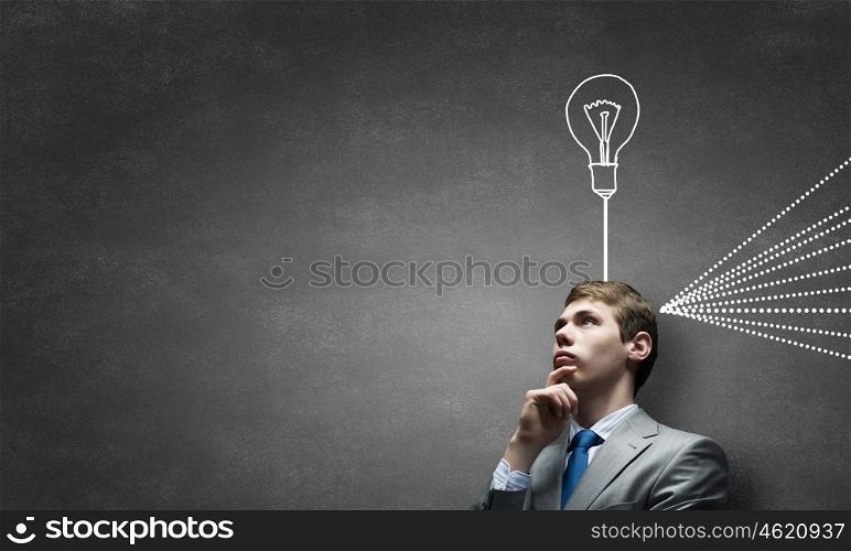 Young thoughtful businessman and thoughts coming out of his head. Let me think it over